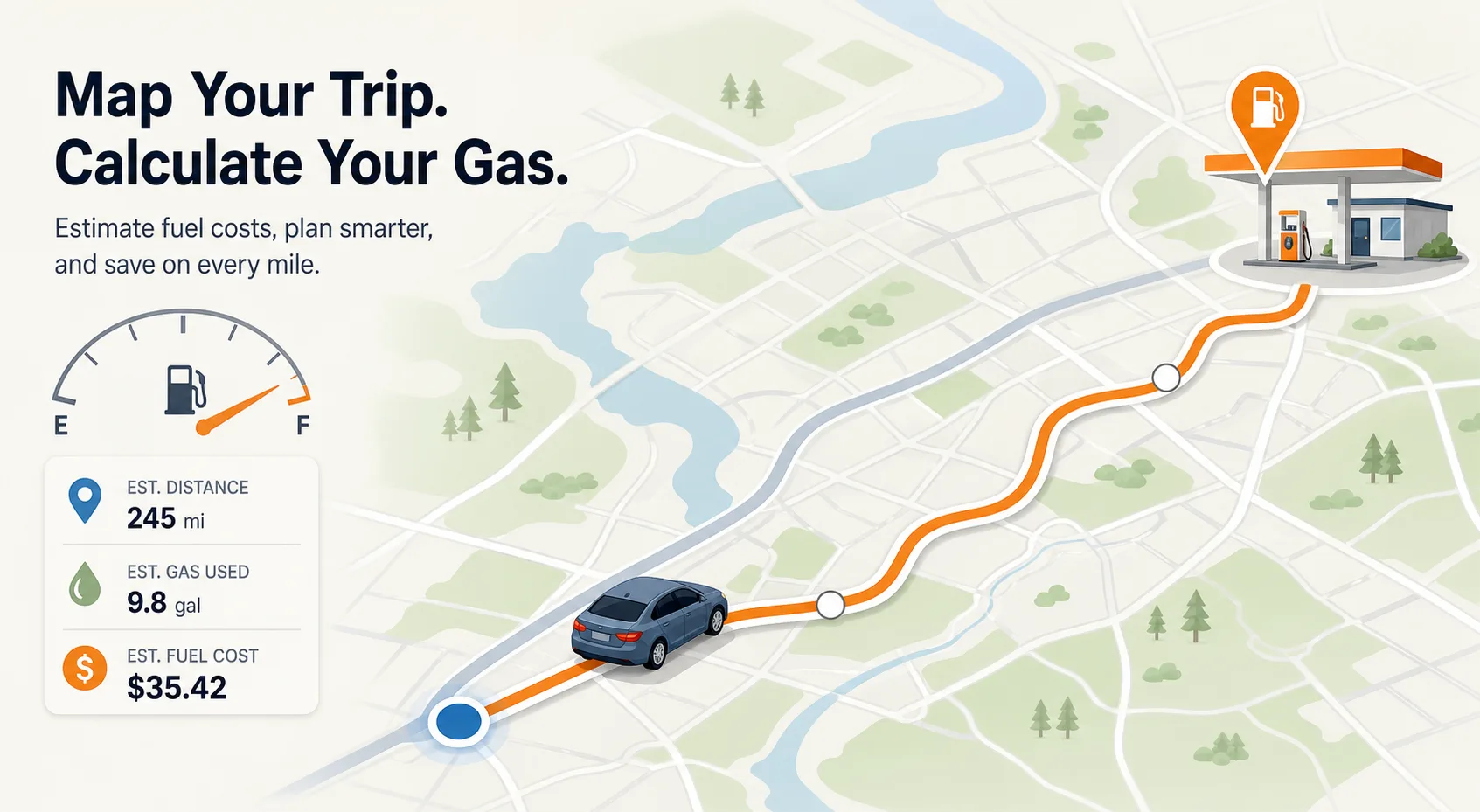 MapQuest Gas Calculator route illustration with a vehicle trip across a map