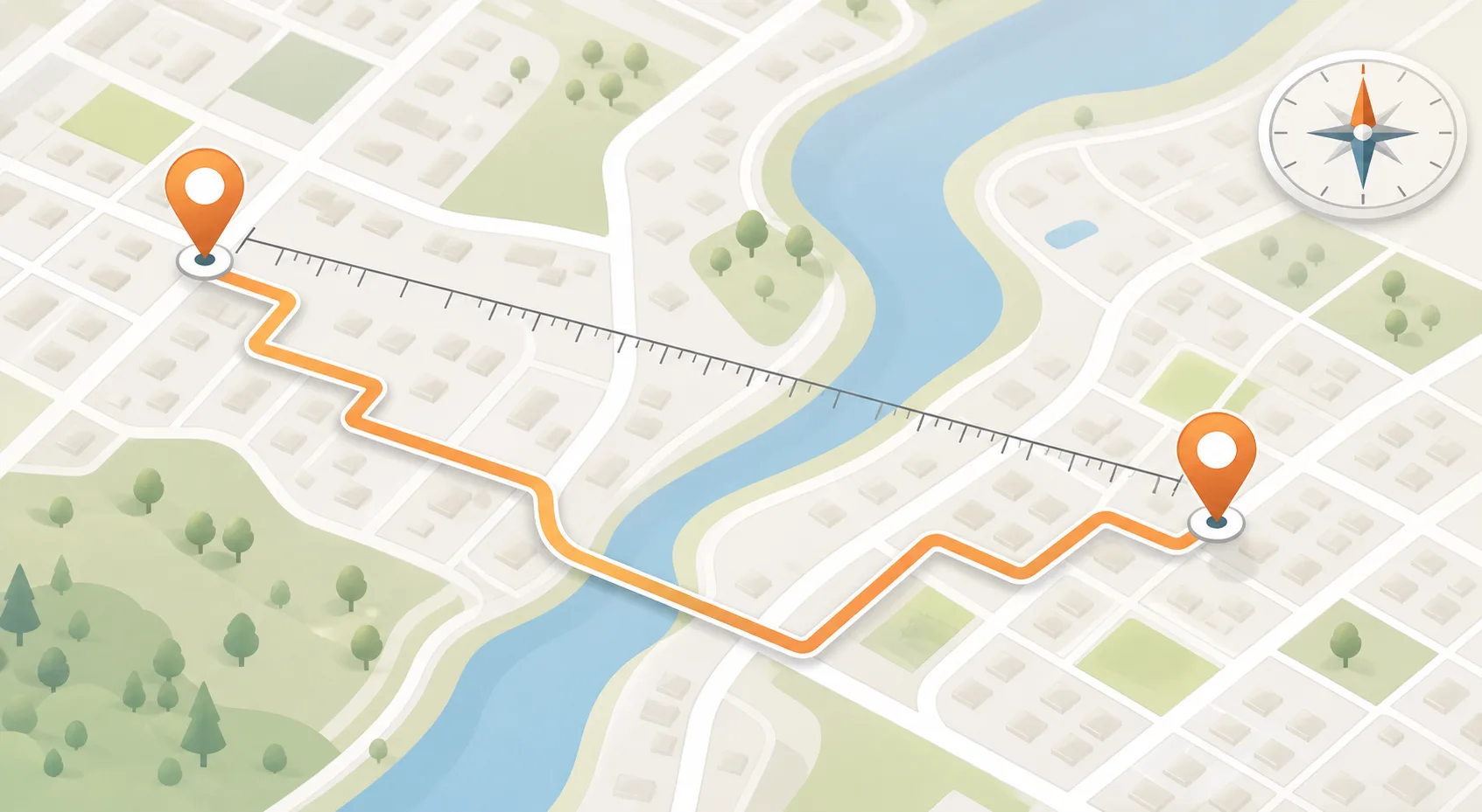 MapQuest Mileage Calculator illustration showing a measured route between two map pins