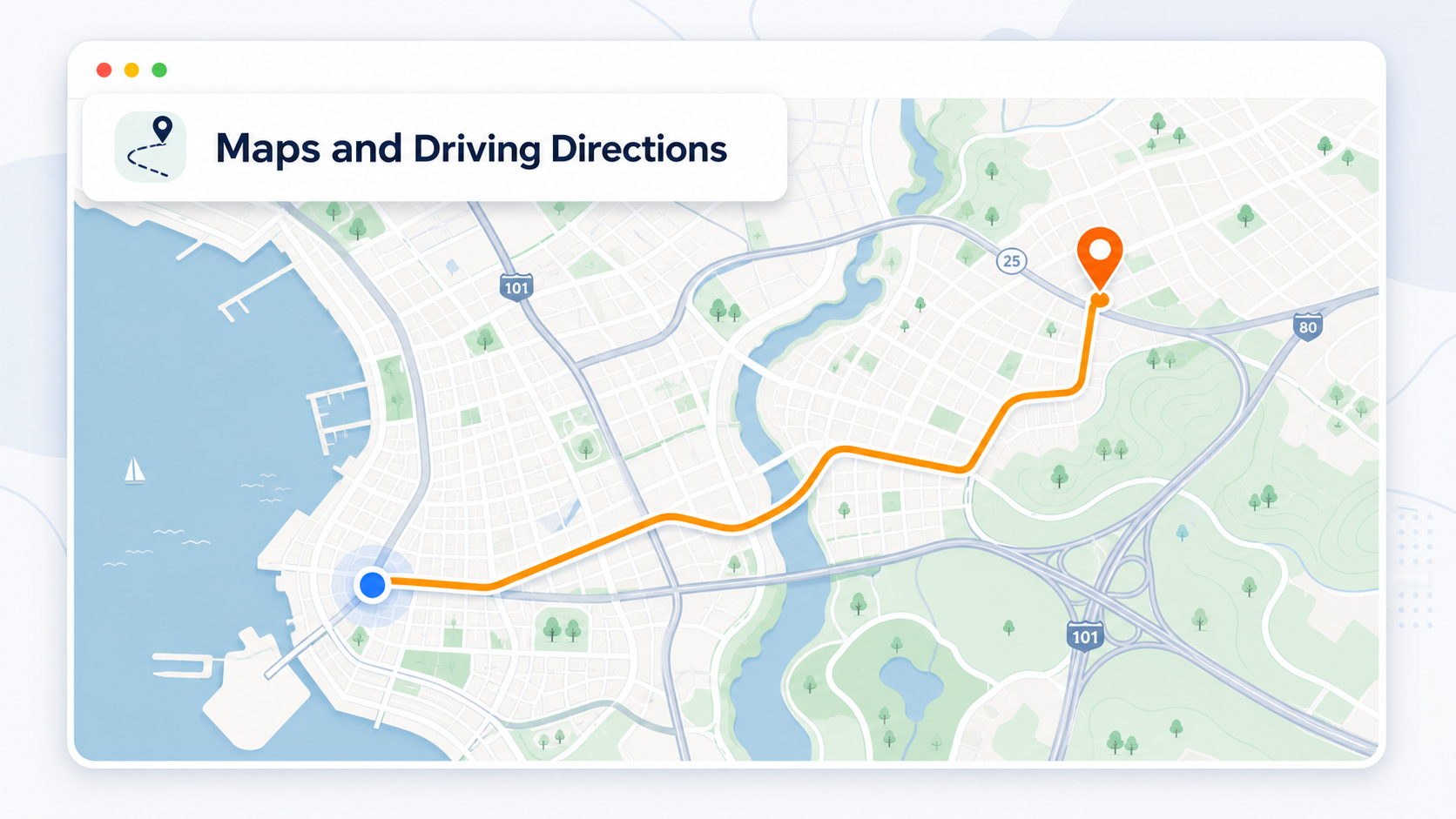Illustrated city map with a highlighted route and the title Maps and Driving Directions